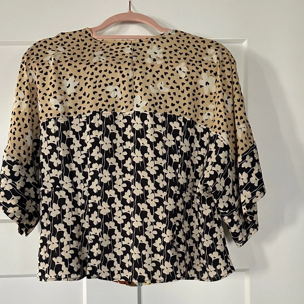 CAbi Cali Mixed-Print Tie-Front Blouse in Brown, Cream, Blue and Lime - Picture 3 of 3